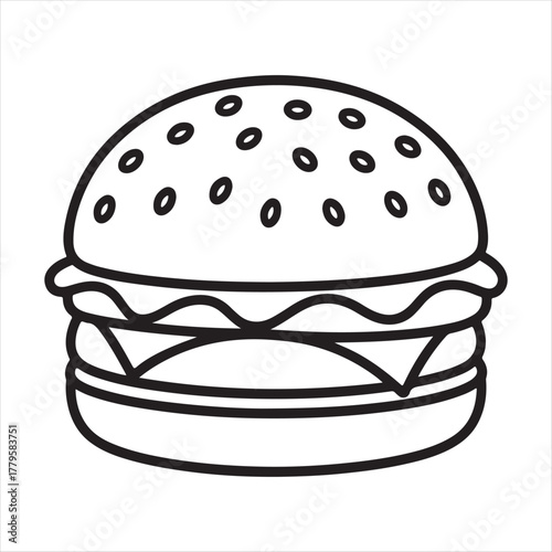 Simple outline drawing of a delicious cheeseburger with sesame seed bun and melted cheese slices