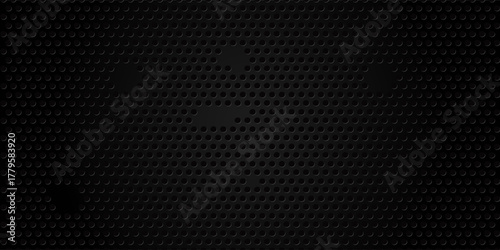 Black perforated metal plate. Metal grill. Black metal texture steel background. Perforated sheet metal.Abstract dark gray circle mesh pattern background texture.Black metallic background.Vector EPS10