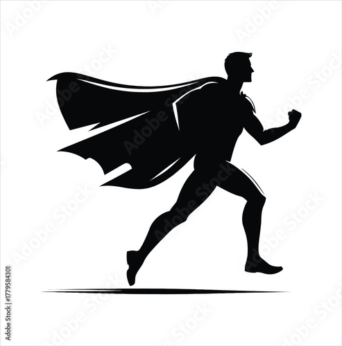 Silhouette of a superhero running with a cape isolated on white background