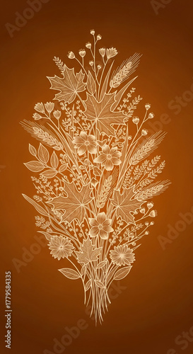 Drawing of floral composition with flower, leaf, wheat on brown background, evoking autumnal mood, symbolic of harvest, Thanksgiving and natural theme