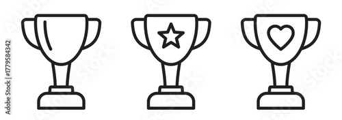 Trophy Cup Line Icon Set – Outline Award Symbols with Heart and Star Designs, Victory and Achievement Symbols.