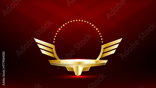 Luxurious golden emblem with symmetrical wings around a central pedestal and dotted circular ring, in metallic gold on rich red background with spotlight effects.