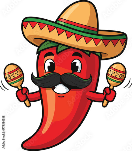 Cartoon Chili Pepper with Mustache and Sombrero, Mexican Character Holding Maracas, Fun and Festive Illustration for Party