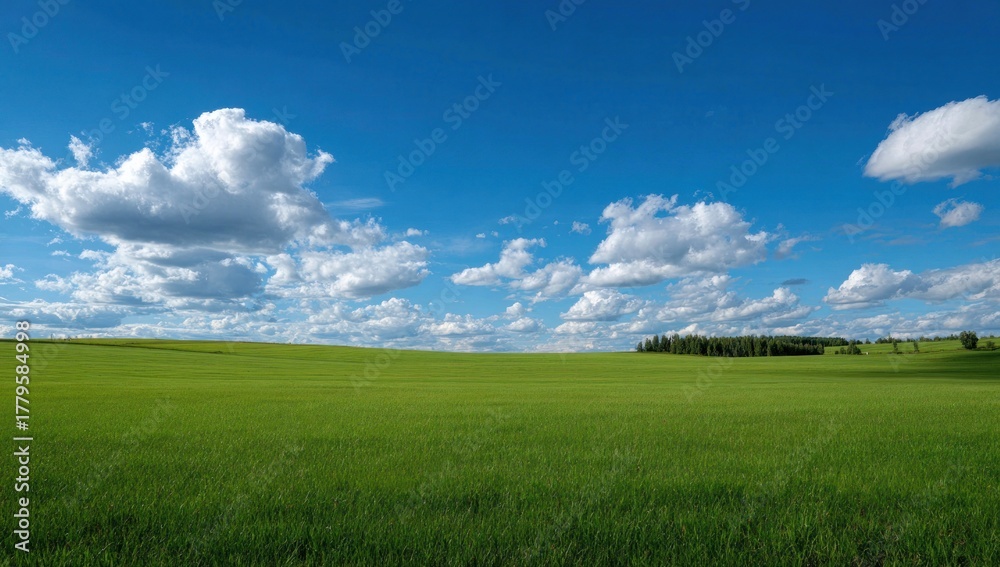 Obraz premium Lush Green Field Under a Bright Blue Sky with Clouds.