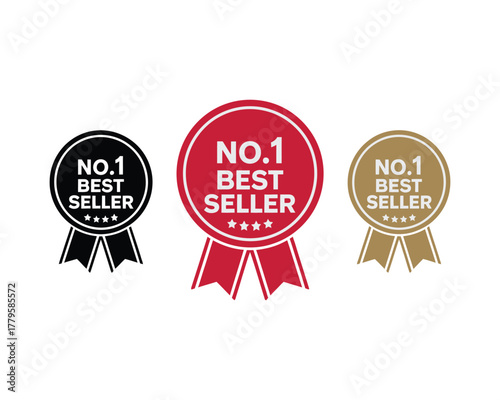 Bestseller Award Medals in Black, Red, and Gold on White Background