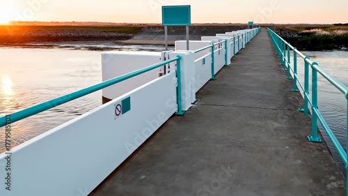 Walking on a concrete barrier and floodgate structure with turquoise railings at sunset over a calm river or canal