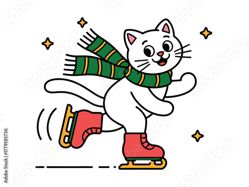 A happy white cat wearing a scarf and ice skates glides across the ice.