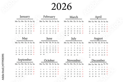 Modern and simple 2026 calendar design. 2026 monthly calendar template for company. 2026 Full Year Calendar | Simple Clean Planner  design.