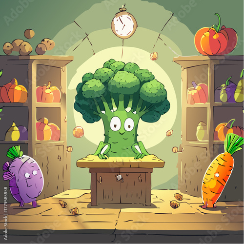 Healthy vegetable and fruit cartoon vector set in a kitchen shelf illustration