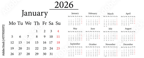 Modern and simple 2026 calendar design. 2026 monthly calendar template for company. 2026 Full Year Calendar | Simple Clean Planner  design.