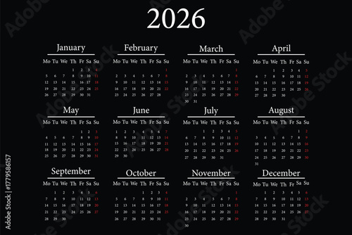 clean and modern 2026 calendar design in English .2026 Calendar Design .Simple Year Planner. Minimalist design.