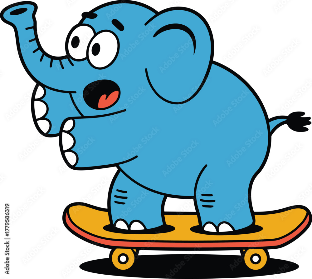 Fototapeta premium Excited Cartoon Baby Elephant Riding Skateboard - Happy Animal Performing Extreme Sport Vector