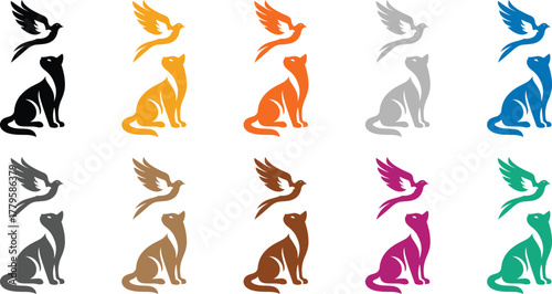 Bird and cat silhouettes colorful collection, Mixed animal icons in multiple hues