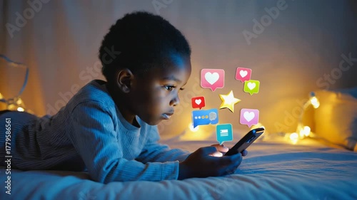 Young African American boy engaged with smartphone, surrounded by glowing social media icons, showcasing digital interaction, camera zooms in on expressions