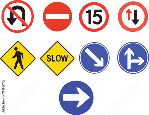Road sign vector set, traffic symbols collection, red, yellow, blue signage, driving rules icons, safety guidance illustration, transportation design