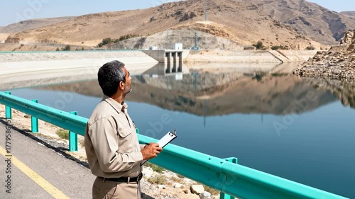 Engineer or inspector in a tan uniform standing on a road overlooking a large concrete dam and reservoir in a dry landscape