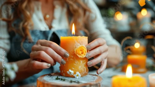 Woman carefully decorates a vibrant candle with a floral accent, showcasing intricate details and warm ambiance, as the camera smoothly zooms in on the scene