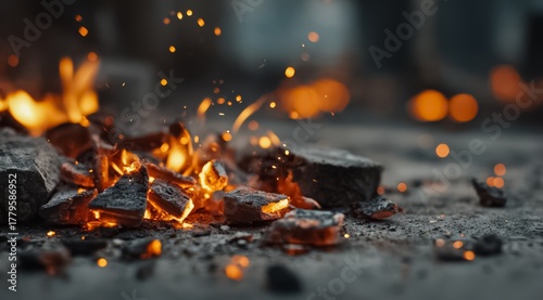 Pile of burnt wood and ash on the ground. The fire has been extinguished, leaving behind a pile of charred wood