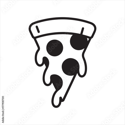 Simple black and white line art illustration of a dripping slice of pepperoni pizza