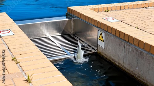 Close up of a small fish jumping over a stainless steel grate and into a dark water channel in a fish ladder or bypass