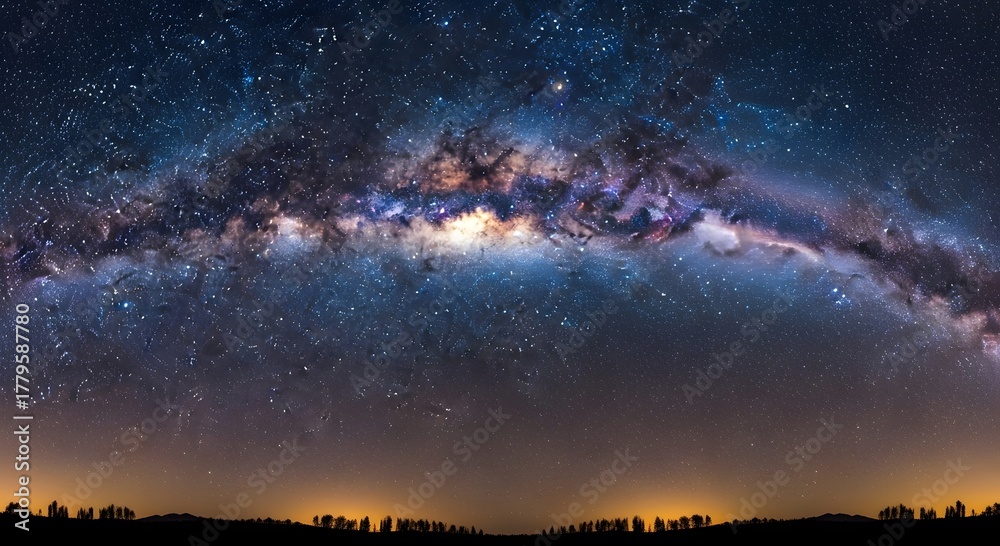 Fototapeta premium Vibrant milky way galaxy arches over silhouetted landscape