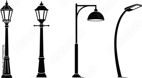 Street lamp silhouettes, vintage to modern styles, urban lighting design, black vector illustration, outdoor decor elements, city infrastructure icons