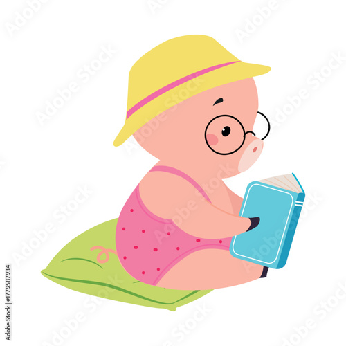 Cute Pig Character Sit and Read Book Vector Illustration