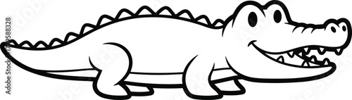 Cartoon crocodile line drawing with smiling face, playful reptile character illustration, cute animal design, children’s storybook art, black outline vector