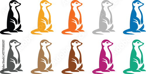 Meerkat silhouettes group in various colors, Vibrant animal silhouettes on white background