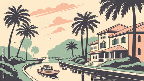 Flat modern vector of Fort Lauderdale canal scene pastel tone, tropical travel art perfect for wall decor and USA seaside design
