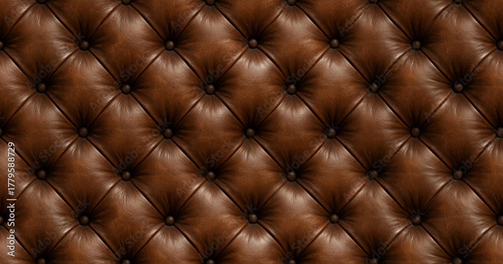 Naklejka premium Close-up of dark brown tufted leather upholstery texture with diamond seamles pattern and studs. The background with a warm chocolate tone is perfect for furniture