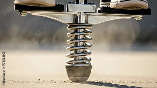 Dynamic bounce and balance on pogo stick: closeup action and performance shot