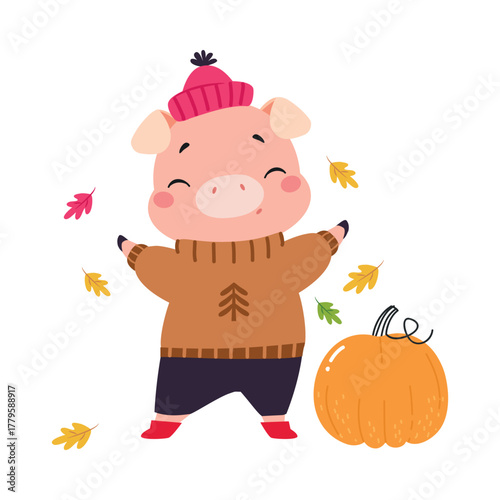 Cute Pig Character in Warm Hat and Sweater at Pumpkin Vector Illustration