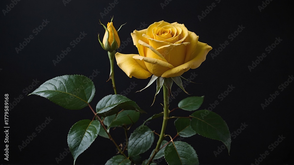 Obraz premium A vibrant yellow rose in full bloom alongside a budding flower, set against a dark background, symbolizing beauty and new beginnings.