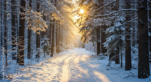 A picturesque winter path winds through a snowy New Year's forest. The morning sun at sunrise is just beginning to illuminate the pristine landscape, inviting a peaceful walk.

