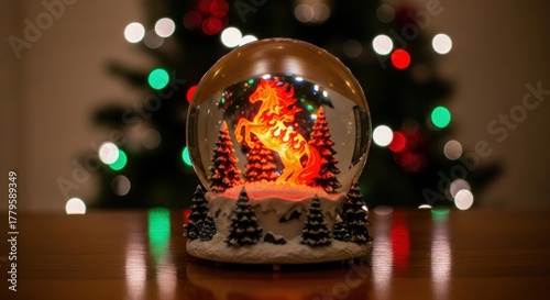 A magical, transparent snow globe holds a glowing fiery horse. The miniature figure stands in a forest of tiny, snow-dusted Christmas trees, reflecting festive lights with a soft bokeh background.

