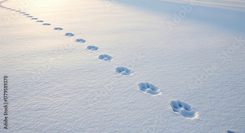 A tranquil New Year's morning scene in a deep snowy forest. Fresh animal tracks are visible on the clean white snow, leading towards the rising sun between tall pine trees.