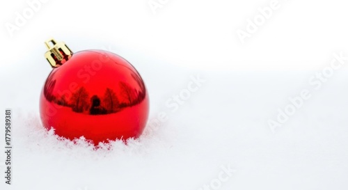 Minimalist Christmas concept. A single bright red ornament rests on a clean, minimalist background of fresh, fluffy white snow. High contrast macro shot with ample copy space.