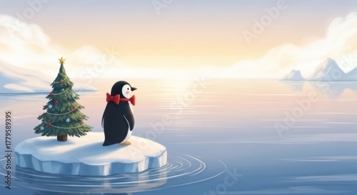 A charming illustration of a single cute penguin in a red bow tie standing on an ice floe next to a small decorated Christmas tree. This New Year concept image shows the penguin looking out at the cal