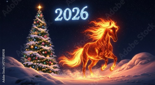 Majestic fiery horse with a mane of flames galloping through a snowy winter landscape under a starry night sky. A large decorated Christmas tree in the background adds a festive holiday concept.