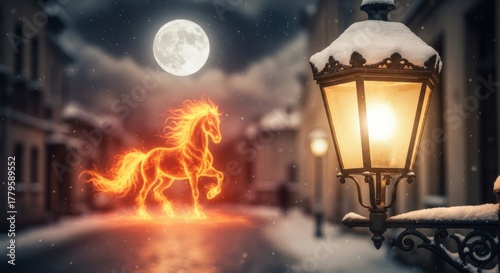Selective focus on a vintage, snow-covered street lamp on an old cobblestone street. The beautifully blurred background (bokeh) shows a fiery horse, a glowing full moon, and distant stars.
