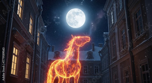 Cinematic digital art of a glowing fiery spectral horse standing in a snow-covered old city street. A large full moon illuminates the historic urban buildings in this atmospheric winter night scene, e