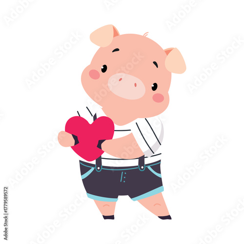 Cute Pig Character Stand and Hold Heart Vector Illustration