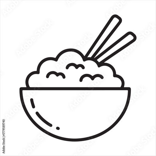 Simple outline icon of a bowl of rice with chopsticks for asian cuisine and food concepts