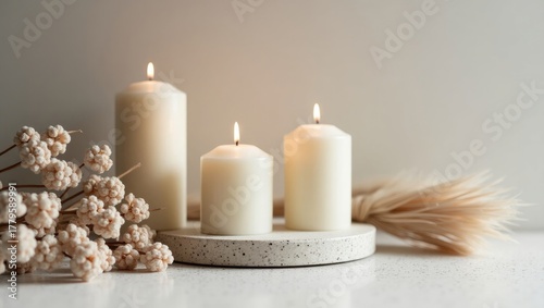 Elegant composition of white candles and dried flowers in soft natural lighting. Aesthetic home decor scene perfect for relaxation, hygge lifestyle, and minimalist interior inspiration