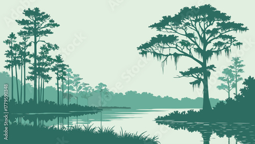 Minimalist vector of Big Cypress swamp reflection modern pastel tone, serene outdoor travel design for wall art and nature prints
