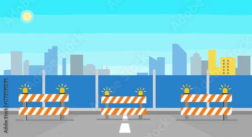 Road closed construction barriers on the street in sunny day, flat design, city maintenance concept, vector background