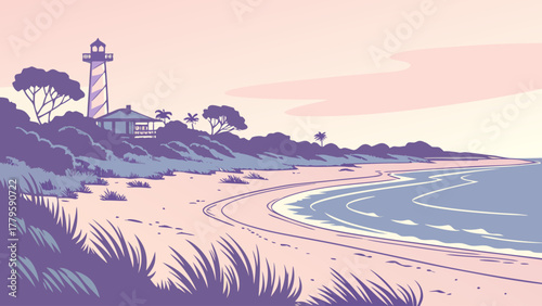 Minimal vector of Vero Beach coastline at dawn, flat minimalist pastel composition for vacation wall prints
