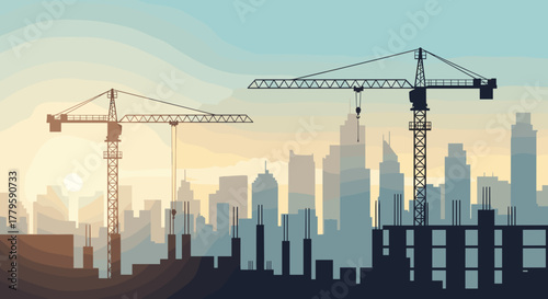 Silhouette of city skyline with cranes, city maintenance backdrop, urban development, construction illustration, city infrastructure project