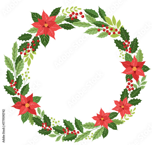 Winter flower arrangement. Winter decorative wreath with poinsettia, holly and red berry.